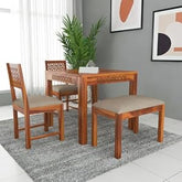 ONIJA Sheesham Wood 2 Chair with 1 Bench Dining Table Set with Cushioned Chairs for Dining Room | Living Room | Hotels Restaurant (4 Seater with Bench, Walnut) - HONEY FINISH